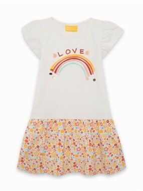 Girls White 'Love' Rainbow Graphic Dress with Floral Skirt